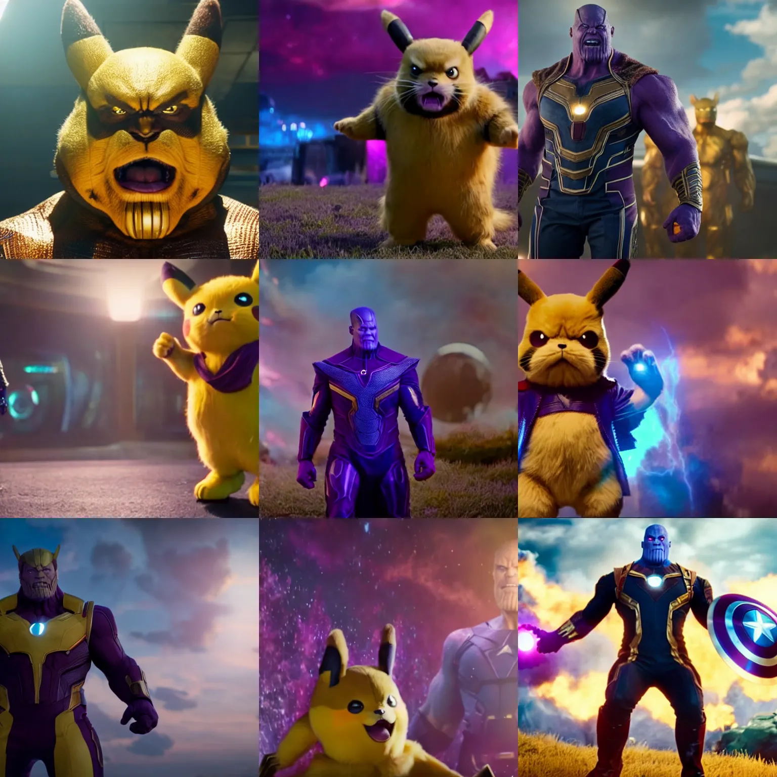 Prompt: avengers thanos in pikachu costume with fur and big ears , backlight cinematic medium shot film still from avengers endgame