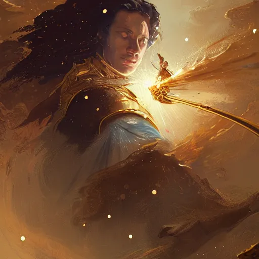 Prompt: portrait of a beautiful wielding golden swordsman falling into the stars by greg rutkowski, 4k, intricate details