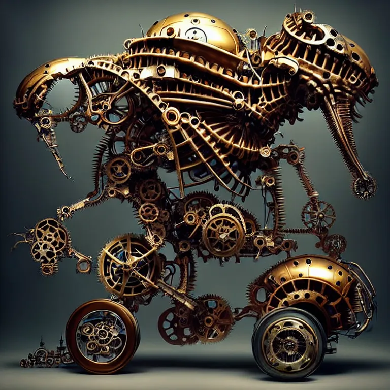 Image similar to biomechanical shiny steampunk vehicle reminiscent of very fast sportscar with robotic parts and (glowing) lights parked in ancient lush palace, gothic and baroque, brutalist architecture, ultradetailed, creepy ambiance, fog, artgerm, giger, Intricate by Ellen Jewett and Josan Gonzalez and Giuseppe Arcimboldo