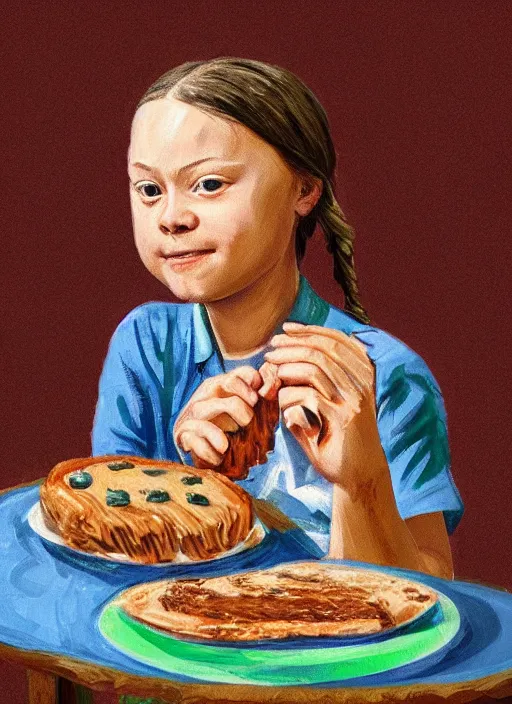 Prompt: greta thunberg eating cakes painted by picasso, detailed digital art, trending on Artstation