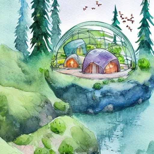 Image similar to beautiful happy picturesque charming sci - fi organic dome - like homes in a beautiful natural scene. water, trees and rocks. beautiful light. soft colour scheme. beautiful artistic detailed watercolor by lurid. ( 2 0 2 2 )