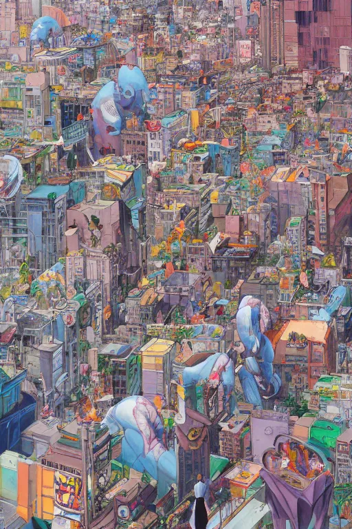 Image similar to people in a busy city surrounded by buildings covered in graffiti paint, james jean, painterly, yoshitaka amano, hiroshi yoshida, moebius, loish, painterly, and artgerm, illustration