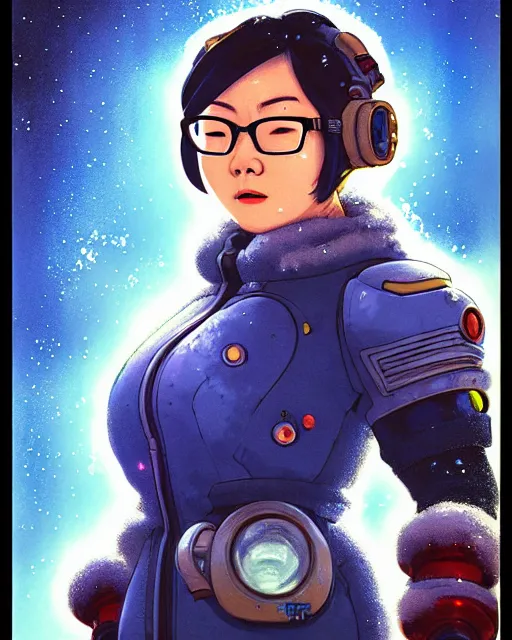 Image similar to mei from overwatch, character portrait, ice, cold, snow, portrait, close up, concept art, intricate details, highly detailed, vintage sci - fi poster, retro future, in the style of chris foss, rodger dean, moebius, michael whelan, and gustave dore