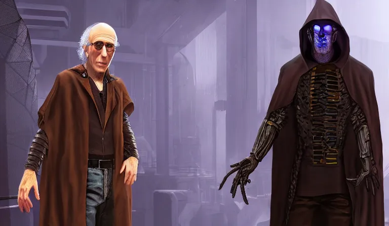 Prompt: Larry David wearing a shady cloak selling you body modification drugs, System Shock 2, Deus Ex, Perfect Dark, Half Life, Source Engine, Quake, Unreal Tournament