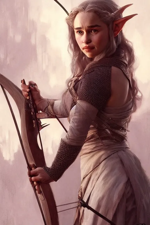 Prompt: portrait of emilia clarke as an elven archer, dark, piercing eyes, gentle expression, elegant clothing, photorealistic, highly detailed, artstation, smooth, sharp focus, art by michael whelan, artgerm, greg rutkowski and alphonse mucha