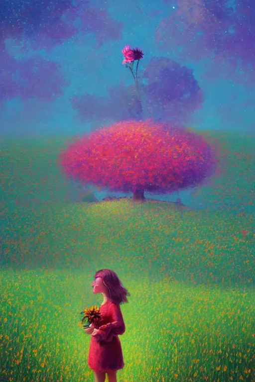 Prompt: girl with huge flower as a face, standing in a flower field, big trees, sunrise dramatic light, impressionist painting, colorful clouds, digital painting, pointillism, artstation, simon stalenhag