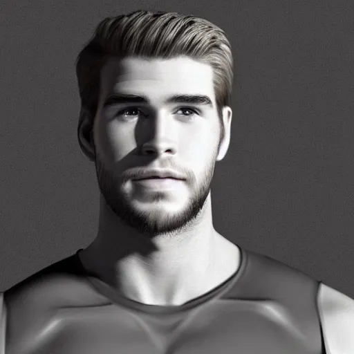 Image similar to “a realistic detailed photo of a guy who is an attractive humanoid who is half robot and half humanoid, who is a male android, Liam Hemsworth, shiny skin, posing like a statue, blank stare”