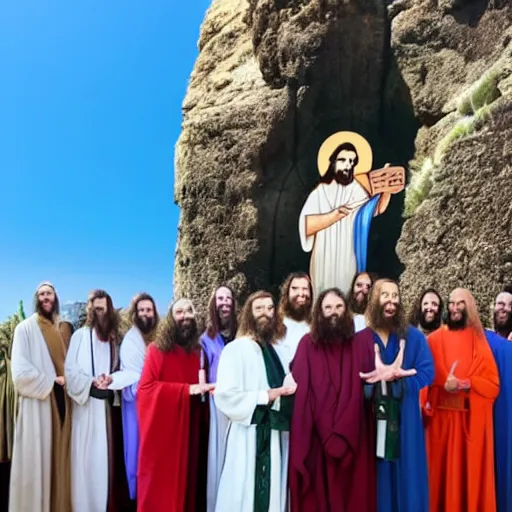 Image similar to a photo of jesus of nazareth and his 1 2 apostles taken with a selfie stick in front of a cross