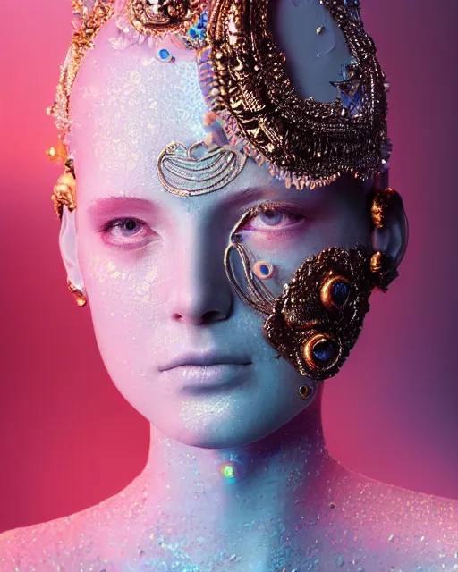 Image similar to natural light, soft focus portrait of a android with soft synthetic pink skin, blue bioluminescent plastics, smooth shiny metal, elaborate ornate head piece, piercings, venetian mask, skin textures, by annie liebovotz, paul lehr,