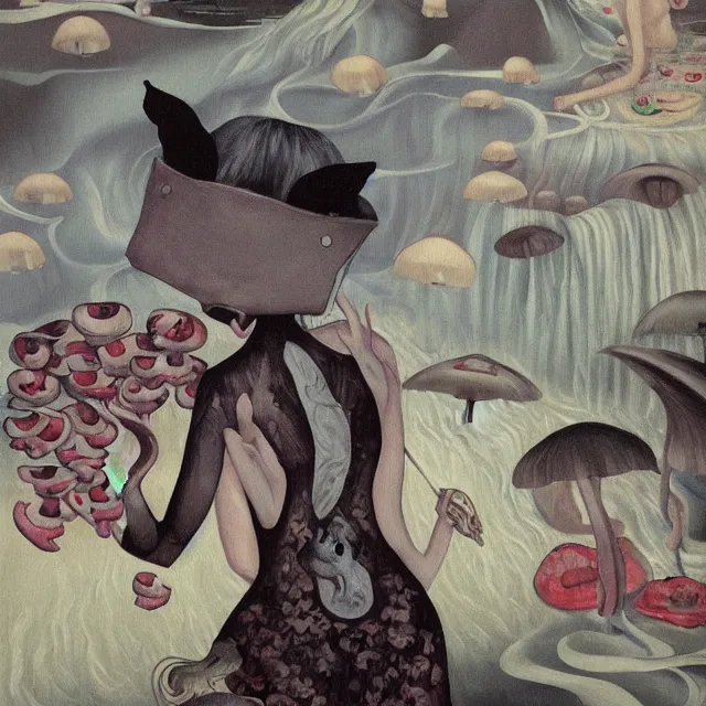 Prompt: tall female emo artist wearing a pig mask in her flooded apartment, mushrooms, octopus, water gushing from ceiling, painting of flood waters inside an artist's apartment, a river flooding indoors, pomegranates, ikebana, zen, rapids, waterfall, black swans, canoe, berries, acrylic on canvas, surrealist, by magritte and monet