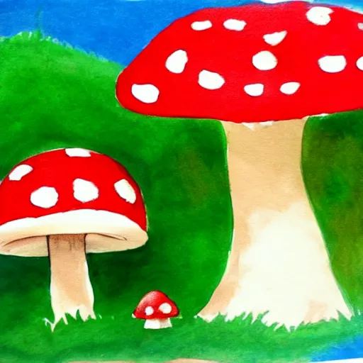 Image similar to a children painting of a cute creature sitting next to a mushroom, detailed, realistic