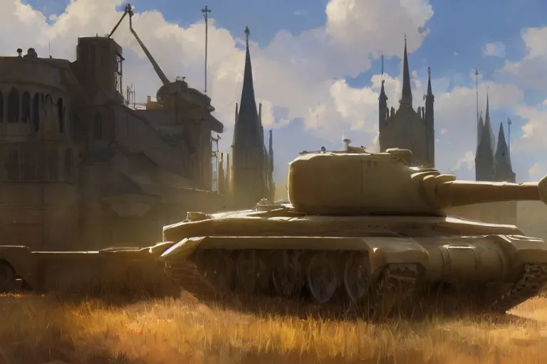 Image similar to concept art of a church combined with a tank in an open field, key visual, ambient lighting, highly detailed, digital painting, artstation, concept art, sharp focus, by makoto shinkai and akihiko yoshida and greg manchess