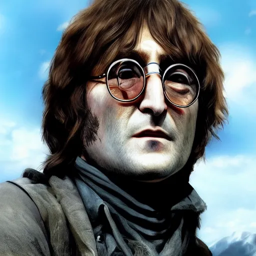 Image similar to John Lennon in read dead redemption, hyper realistic, HD, HQ, photo realistic