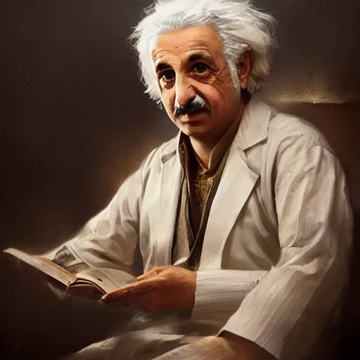 Image similar to a portrait of a Kurdish Albert Einstein in Kurdish clothes by Greg Rutkowski, digital art, horror, chiaroscuro, trending on artstation, anime arts, featured on Pixiv, HD, 8K, highly detailed, good lighting, beautiful, epic, masterpiece