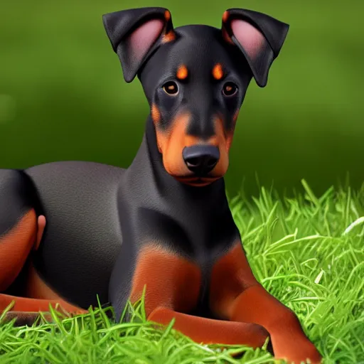 Prompt: doberman puppy sitting in the grass, cgi render, octane render, cell shading, highly detailed