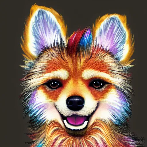 Image similar to hybrid animal cross between pomeranian dog and cheetah with long colorful mohawk hairstyle, detailed painting 4 k