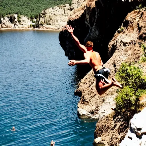 Prompt: man cliff jumping off the edge of the world