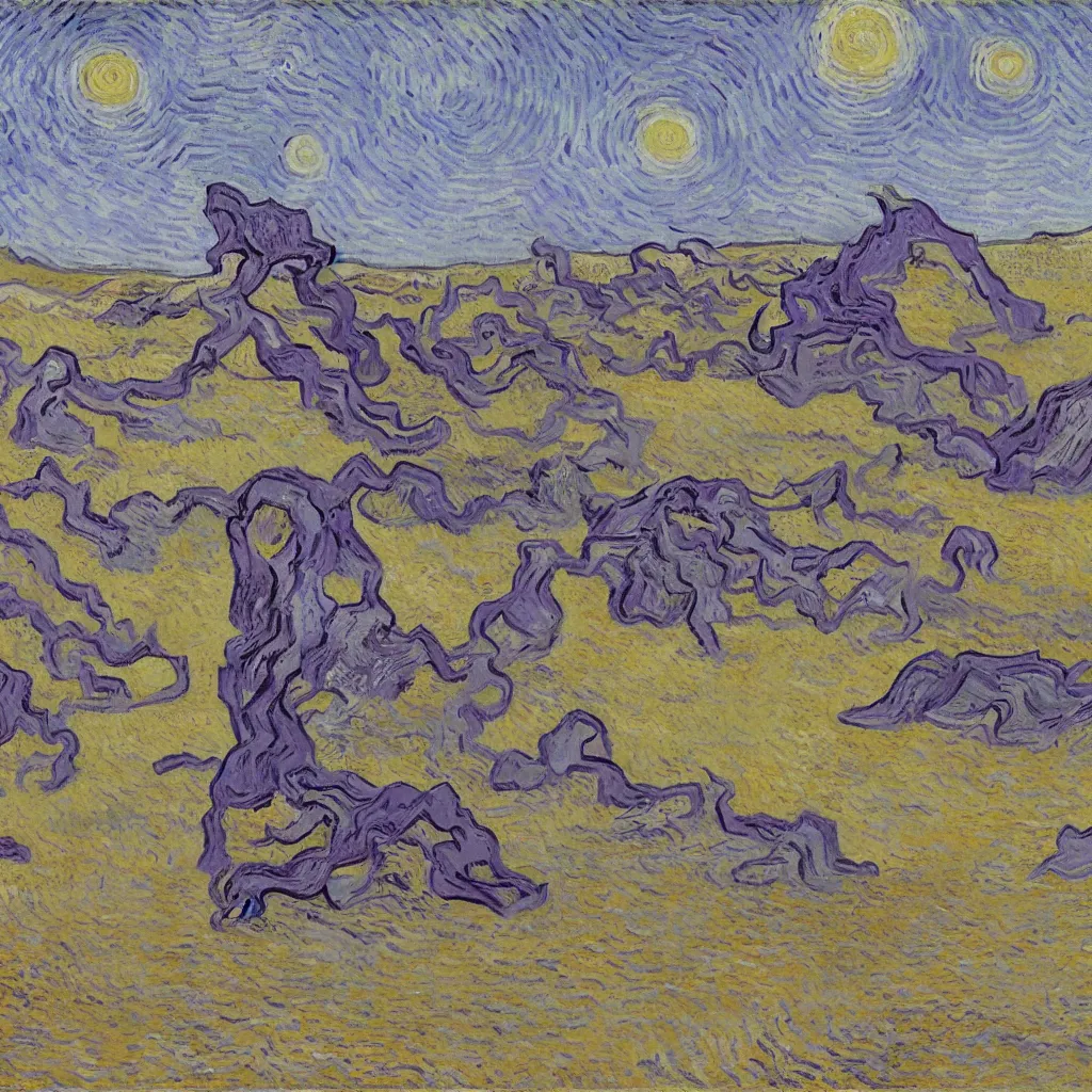 Prompt: Portal located on the beach leading to alien planet with purple sand desert landscape, high detailed, by Vincent Van Gogh,