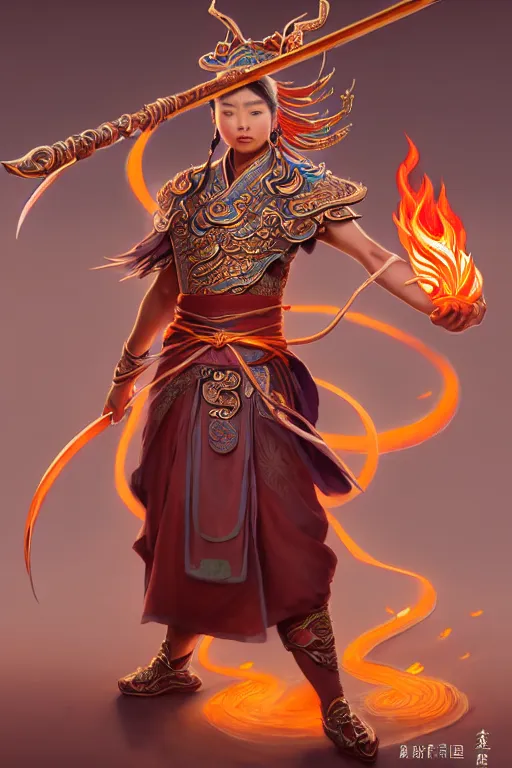 Prompt: cute nezha, highly detailed, man holding spear, flame everywhere, epic pose, masterpiece chinese fantasy character portrait, highly detailed, digital painting, trending on artstation, concept art, sharp focus, illustration, global illumination, ray tracing, realistic shaded, art by artgerm and greg rutkowski and fuji choko and viktoria gavrilenko and hoang lap