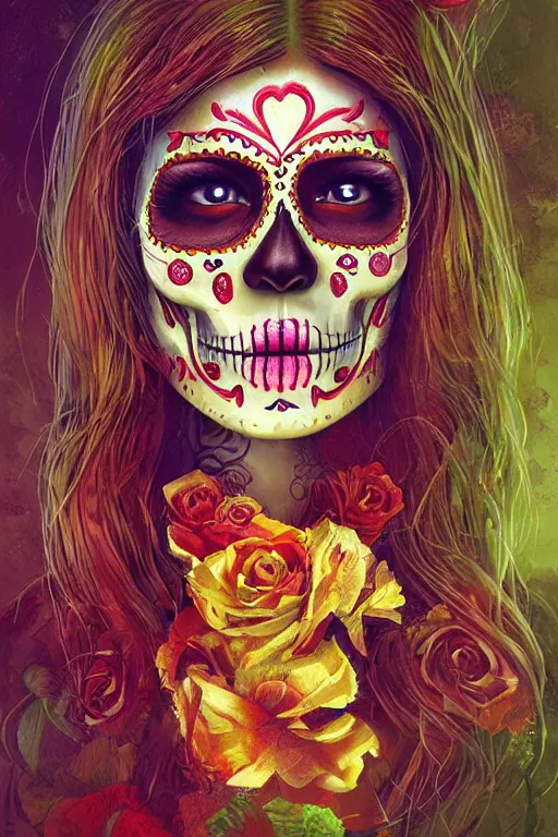 Image similar to Illustration of a sugar skull day of the dead girl, art by marc simonetti