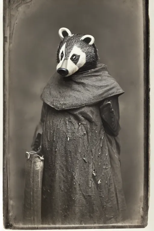 Prompt: a wet plate photo of an anthropomorphic badger as a friar