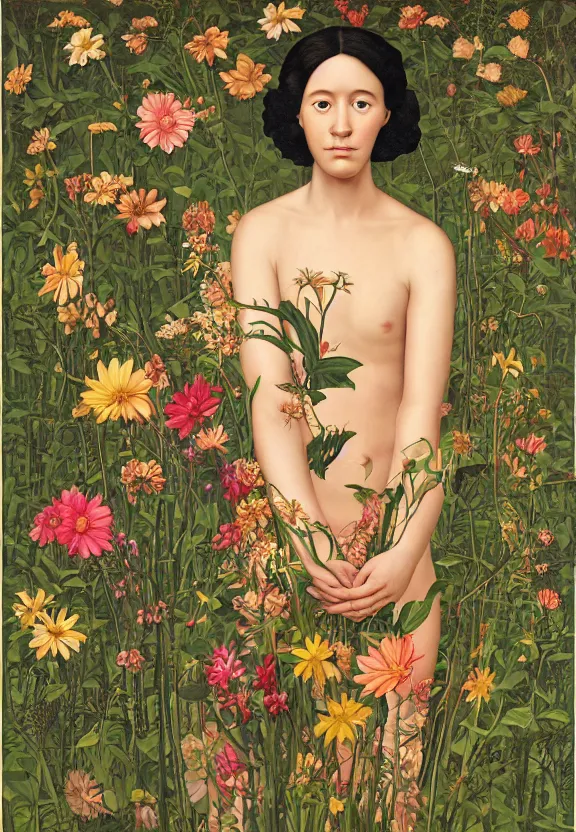 Prompt: female figure with grass flowers and leaves growing from her skin, black background, calm, mysterious, dark, by lizzie riches, by kehinde wiley