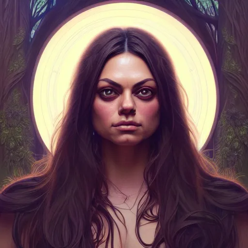 Image similar to symmetry portrait of mila kunis princess, forest background, intricate, elegant, highly detailed, digital painting, artstation, concept art, smooth, sharp focus, illustration, art by artgerm and greg rutkowski and fra angelico and alphons mucha