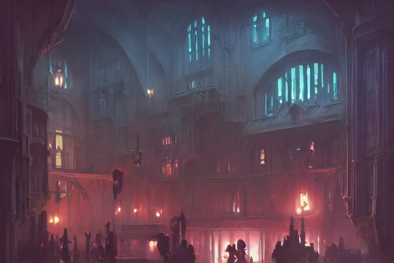 Image similar to Hogwarts, neon lighting, night city, digital art from artstation by Ruan Jia and Mandy Jurgens and Artgerm and william-adolphe bouguereau and Greg Rutkowski and Wayne Barlowe