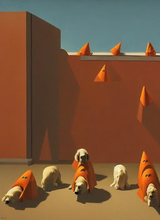 Image similar to crowd of dogs with recovery cones Edward Hopper and James Gilleard, Zdzislaw Beksinski highly detailed