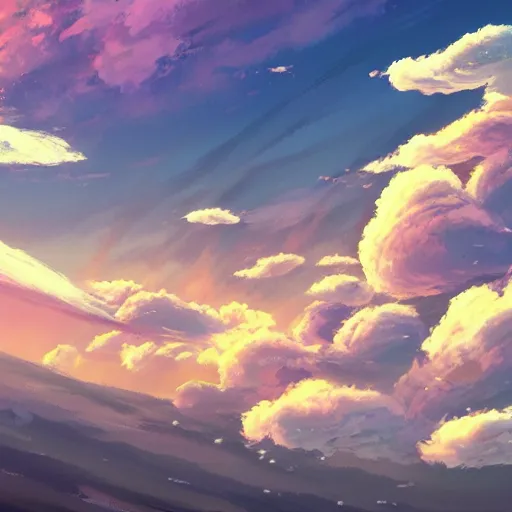 Prompt: studio ghibli still, view of alien gas clouds, extreme fluffy clouds, colors, painting, digital art, panorama, wide - angle view, skyscape, highly detailed, artstation award, anime, cinematic