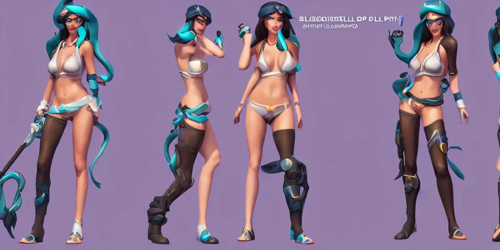 Prompt: rendered character sheet of of beautiful Pool party Caitlyn in the game League of Legends, unreal engine 53d trending on art station