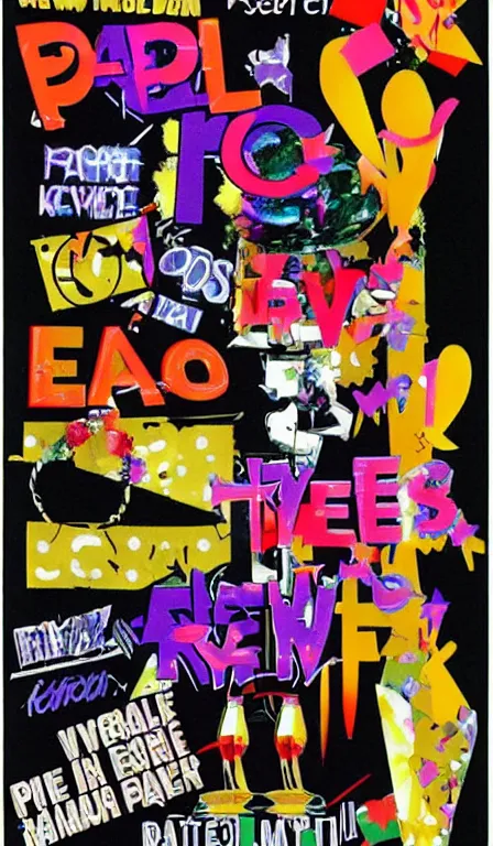 Image similar to Poster for a New Year's Eve rave, pastiche, collage, postmodern, early 3DCG, late 90s