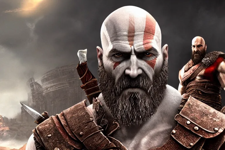 Prompt: title screen of the game god of war with brian cranston as walther white holding two blades