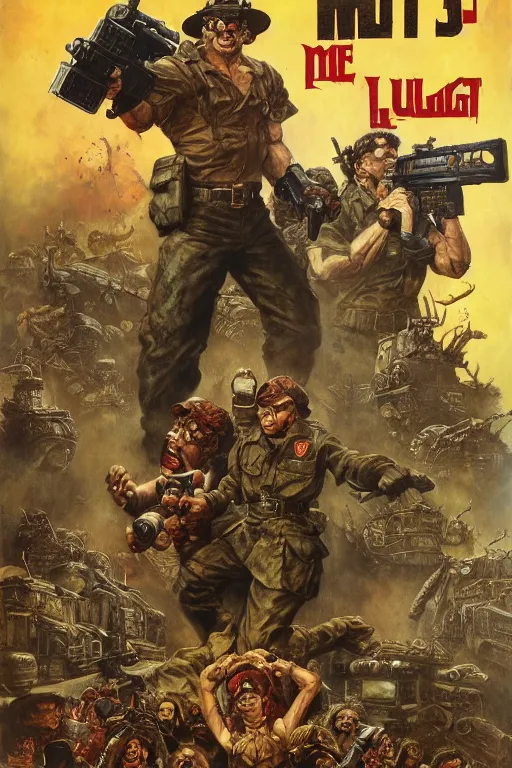 Prompt: Movie poster of Metal Slug 3, Highly Detailed, Dramatic, eye-catching, A masterpiece of storytelling, by frank frazetta, ilya repin, 8k, hd, high resolution print