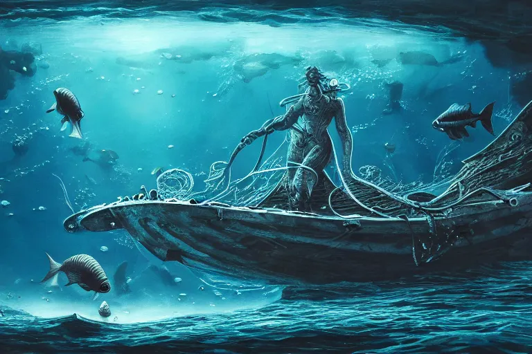 Prompt: fish hunting for humans, under the sea, sci - fi, fantasy, intricate, elegant, highly detailed, concept art, high contrast, sharp focus, oil painting, 4 k