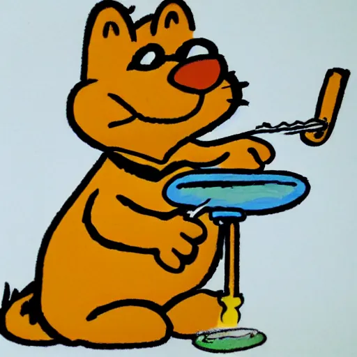 Prompt: Garfield smoking a pipe, drawn by a 5 year old with crayons