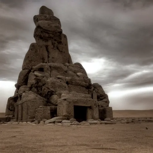Prompt: a monolithic temple in a desert. overcast sky, grainy.