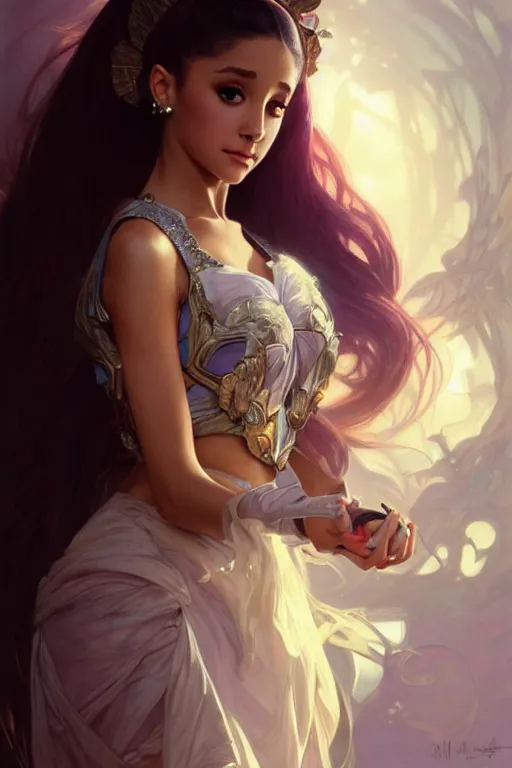 Image similar to Ariana Grande, fantasy, intricate, elegant, highly detailed, digital painting, artstation, concept art, matte, sharp focus, illustration, art by Artgerm and Greg Rutkowski and Alphonse Mucha