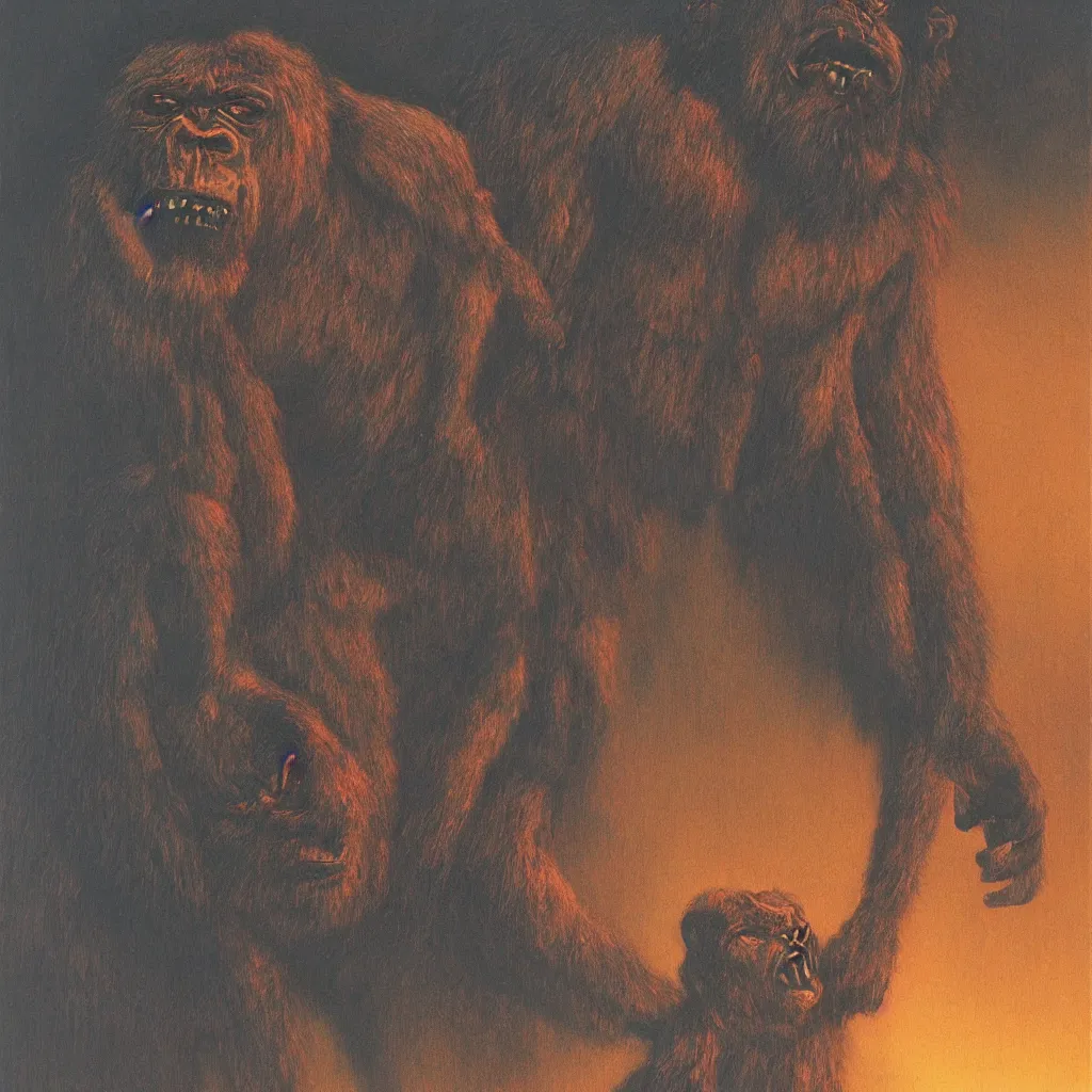 Image similar to demonic gorilla, in the style of zdislaw beksinski