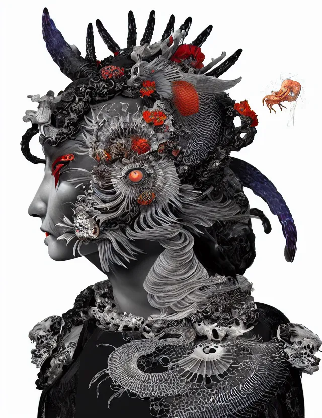 Image similar to 3 d goddess close - up profile death biohazard portrait with crown, ram skull. beautiful intricately detailed japanese crow kitsune mask and clasical japanese kimono. betta fish, jellyfish phoenix, bio luminescent, plasma, ice, water, wind, creature, artwork by tooth wu and wlop and beeple and greg rutkowski