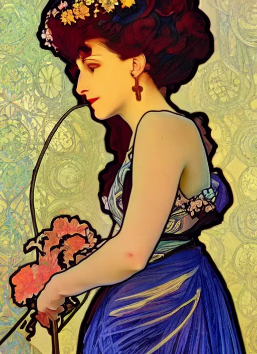 Image similar to Real life Marge Simpson, painted by Alphonse Mucha, highly detailed, 8k