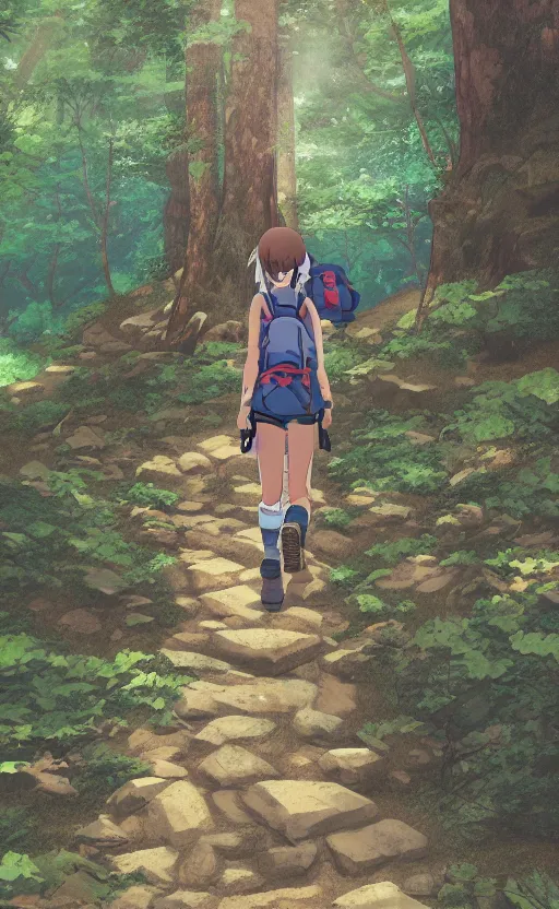 Image similar to an anime girl hiking the Appalachian Trail alone, three point perspective, anime scene, digital art, 4k ultra