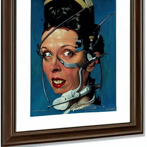 Prompt: Frontal portrait of a crazy sci-fi woman. A painting by Norman Rockwell.