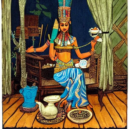 Prompt: a crocodile goddess in traditional Egyptian garb drinking tea in an abandoned Victorian parlor