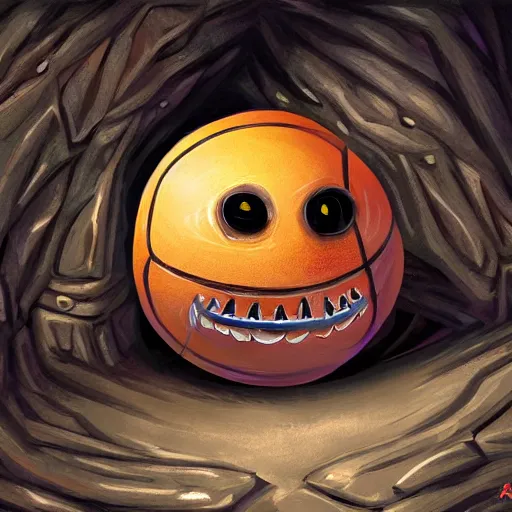 Image similar to a mimic disguised as a basketball inside of a cave gnarling it's teeth ready to attack, fantasy, digital painting