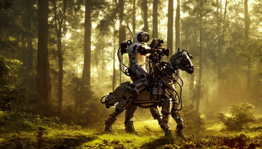 Prompt: american astronaut in the forest riding a mechanical robot horse, objects well lit, plants environment, wide angle, cinematic lighting, atmospheric, realistic, octane render, highly detailed, color graded, in the style of craig mullins