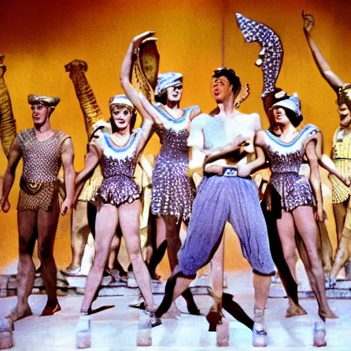 Image similar to Production photo of The Ten Commandments (1955) film the musical on broadway, dancing, singing, Ten Commandments costumes by Julie Taymor, set design by Julie Taymor