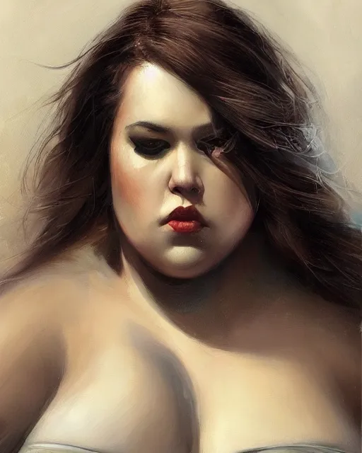 Prompt: waist - up portrait of a gorgeous woman, obese, muscular. oil on canvas, black oil bath, fantasy aesthetic. beautiful face!!! in the style of charlie bowater, yoann lossel., les toil