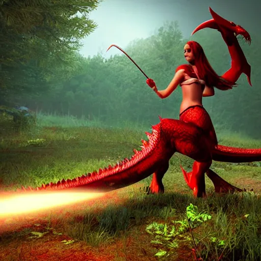 Prompt: princess knight girl fight a huge red dragon in the woods, cinematic lighting, highly detailed, unreal engine,