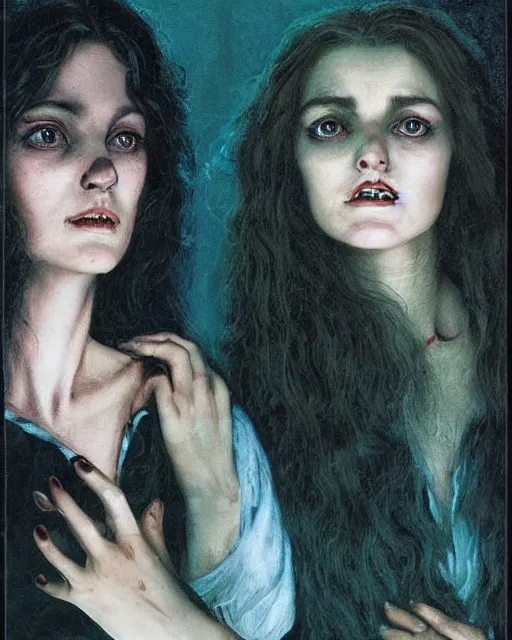 Prompt: two handsome but sinister young women in layers of fear, with haunted eyes and wild hair, 1 9 7 0 s, seventies, wallpaper, a little blood, moonlight showing injuries, delicate embellishments, painterly, offset printing technique, by john howe, brom, robert henri, walter popp